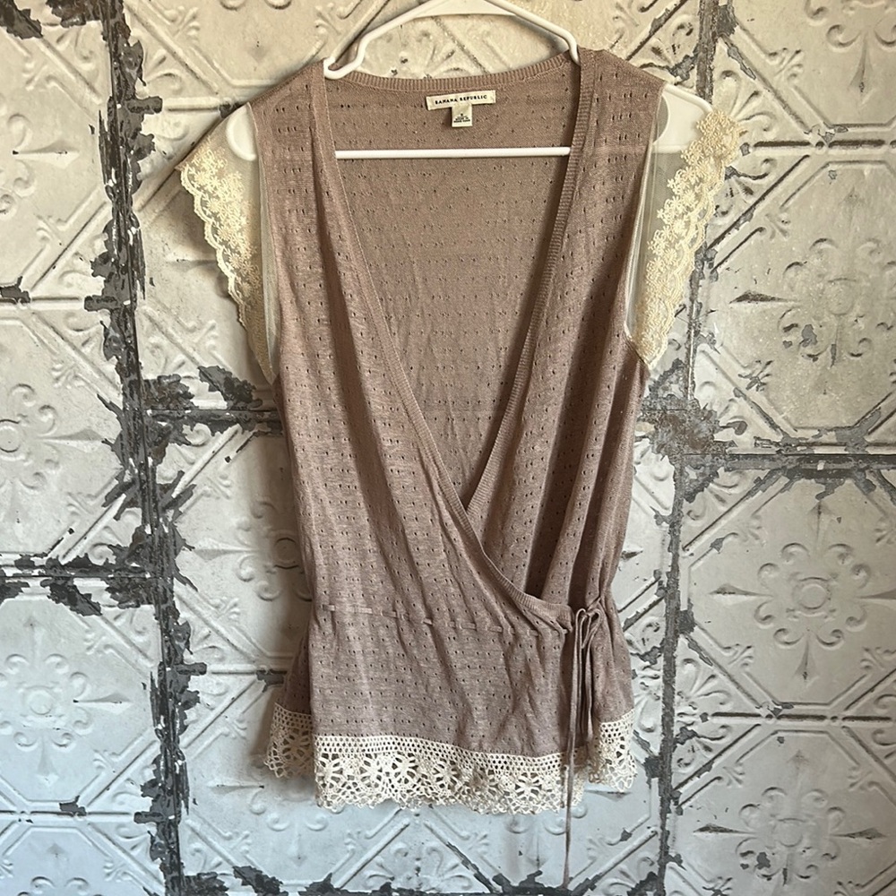 Lace linen Trimmed Tan Wrap Top